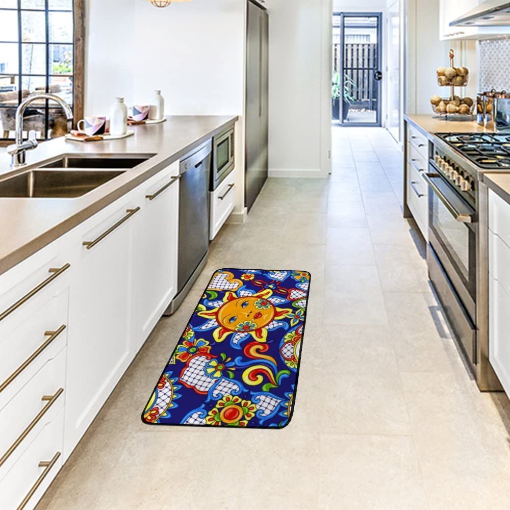 Kuizee Kitchen Runner Area Rug Kitchen Mat Mexican Talavera Sun Traditional Texture Bathroom Hallway Entry Way Floor Non Slip Soft Water Absorbent 39×20 Inch