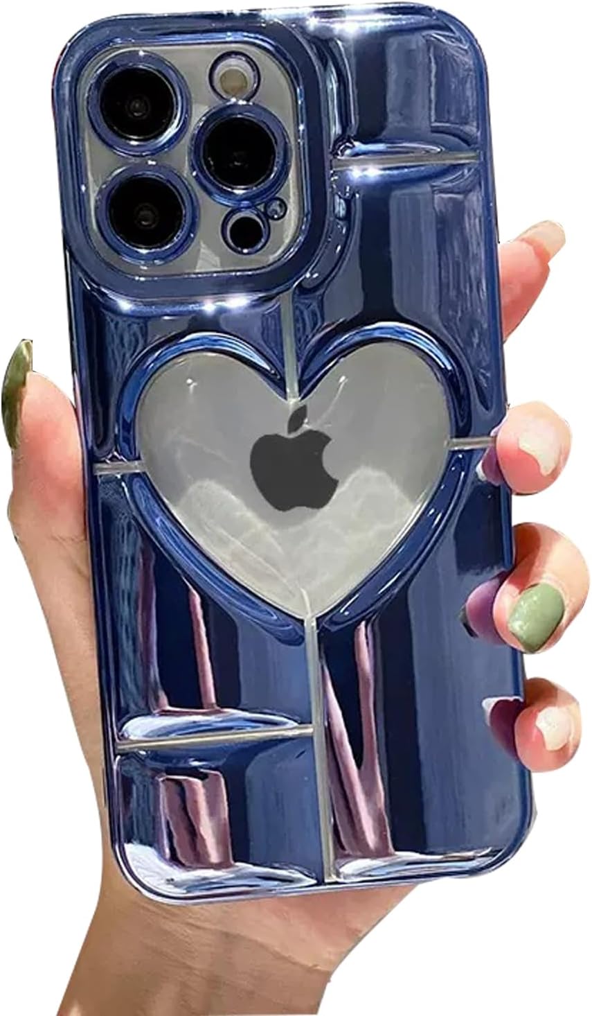 Compatible with iPhone 13 Pro Max Phone Case Shiny Chrome Silver Heart Cute Fashion Premium Stereo Transparent Heart Creative Phone Case Soft TPU Shockproof for Women and Girls 6.7 inch (Blue)
