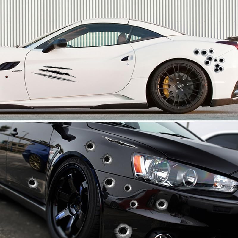 Image of 3D Bullet Hole and Scratch Car Stickers, Simulation Stereoscopic Fake Gun Bullet Holes Stickers, Automotive Tattoo Decorations, Waterproof Car Decals, Automotive Decals (Scratch)