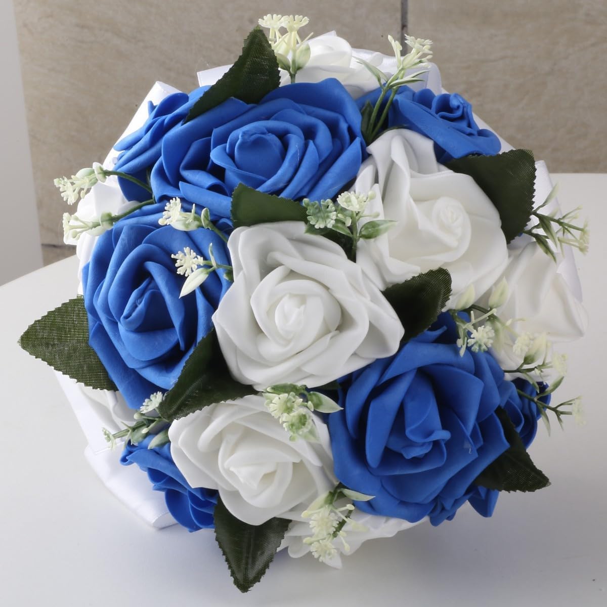 Mini Dainty Bouquet Toss for Wedding Artificial PE Fake Rose Round Flower Bunch for Bridesmaids Flower Girls(White & Royal Blue, 6.7")