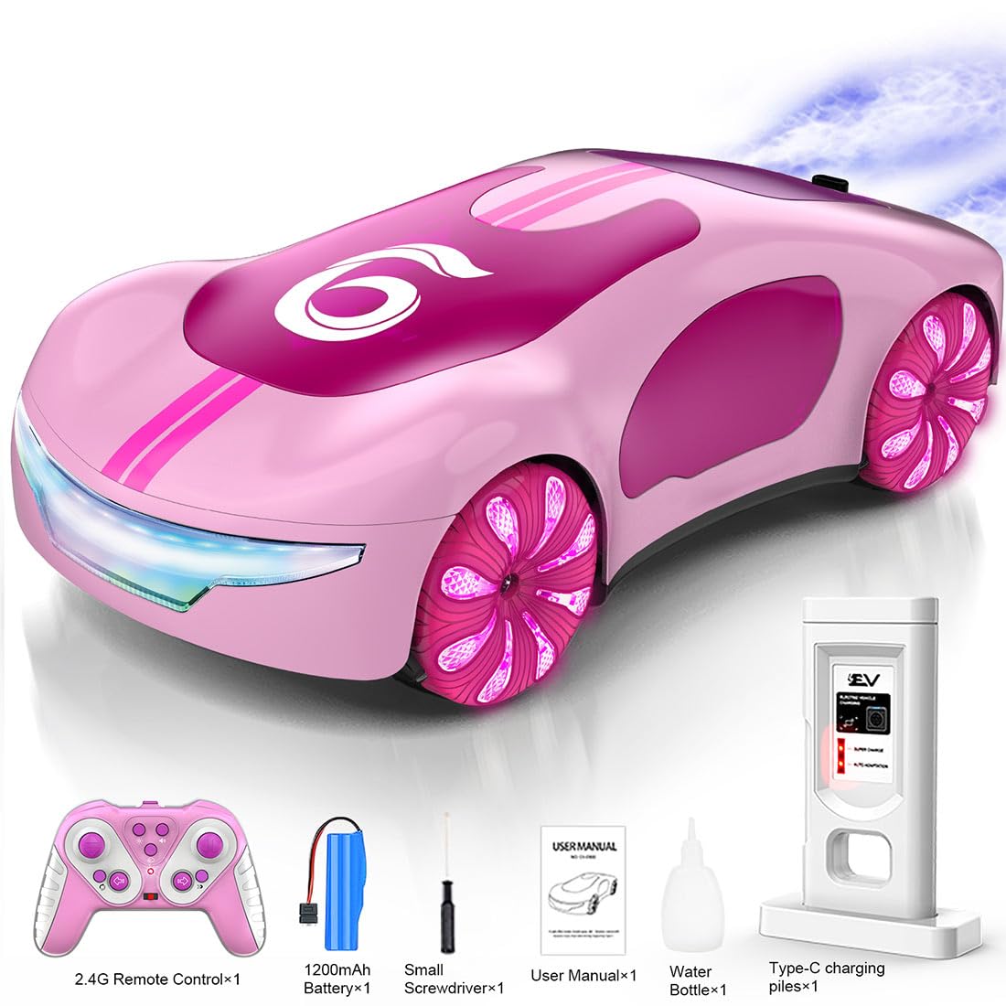 RC Drift Car 2,4 GHz, zdalna koncepcja nowej energii ze stacją ładującą i podwójnym wzmocnieniem natrysku – akrobacje 360°, 4 tryby oświetlenia, różowy gradient dla dorosłych, chłopców