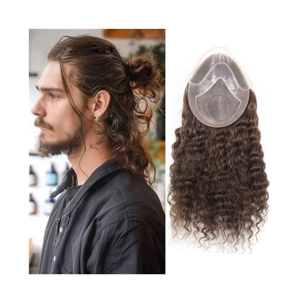 Mens Wig Sistemi di toupet da uomo con pizzo frontale in PU intorno alla base, 12, 14, 16 pollici, capelli umani ricci, n. 4, castano medio Toupee for Men(16 inches)