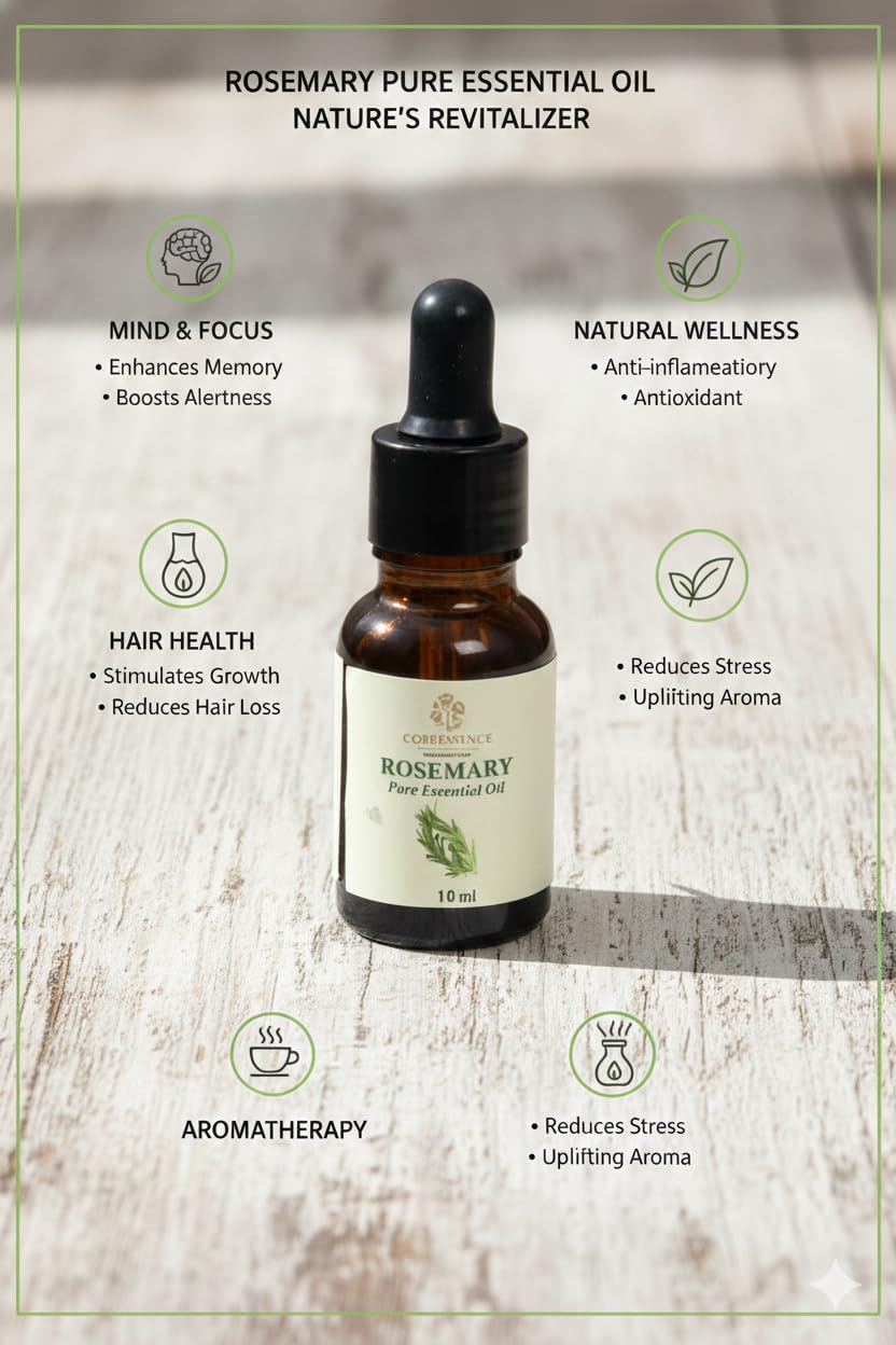 COREESSENCE Rosemary and Ylang Ylang Essential Oil Combo, Pure Aromatherapy Oils, 10ml Each, for Hair Growth, Scalp Care, Mood Relaxation and Diffuser, Pack of 2 4