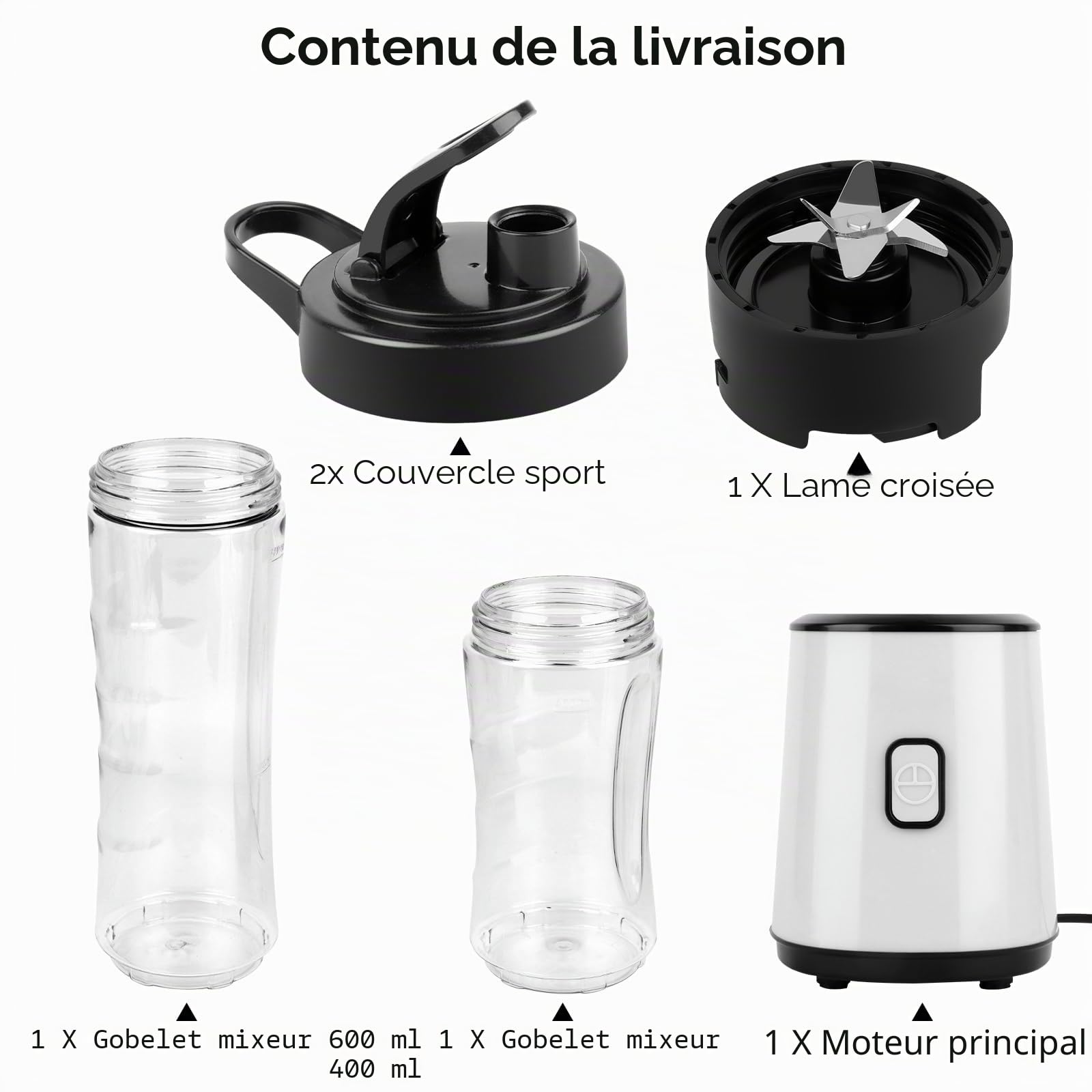 Mixeur à smoothie, mini blender portable, sans BPA, 23000 tr/min, bouteille à double paroi (600 ml + 400 ml), 300 W