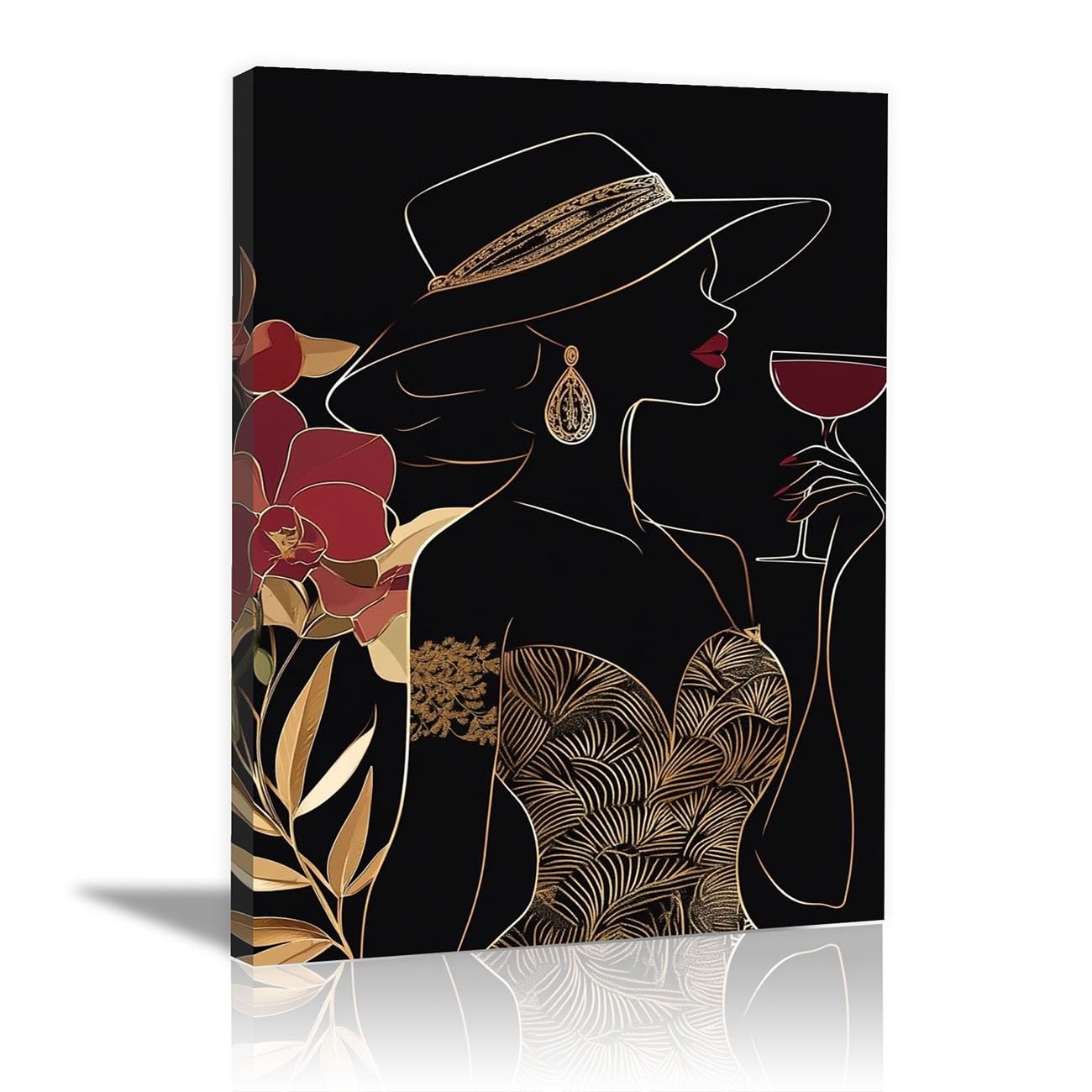 QUSAAOU Black Woman Canvas Wall Gold Wine Hat Silhouette Graffiti Canvas Art Posters Prints African Woman Modern Picture For Living Room Bedroom Office(Black)-80x120cm1 Unframed