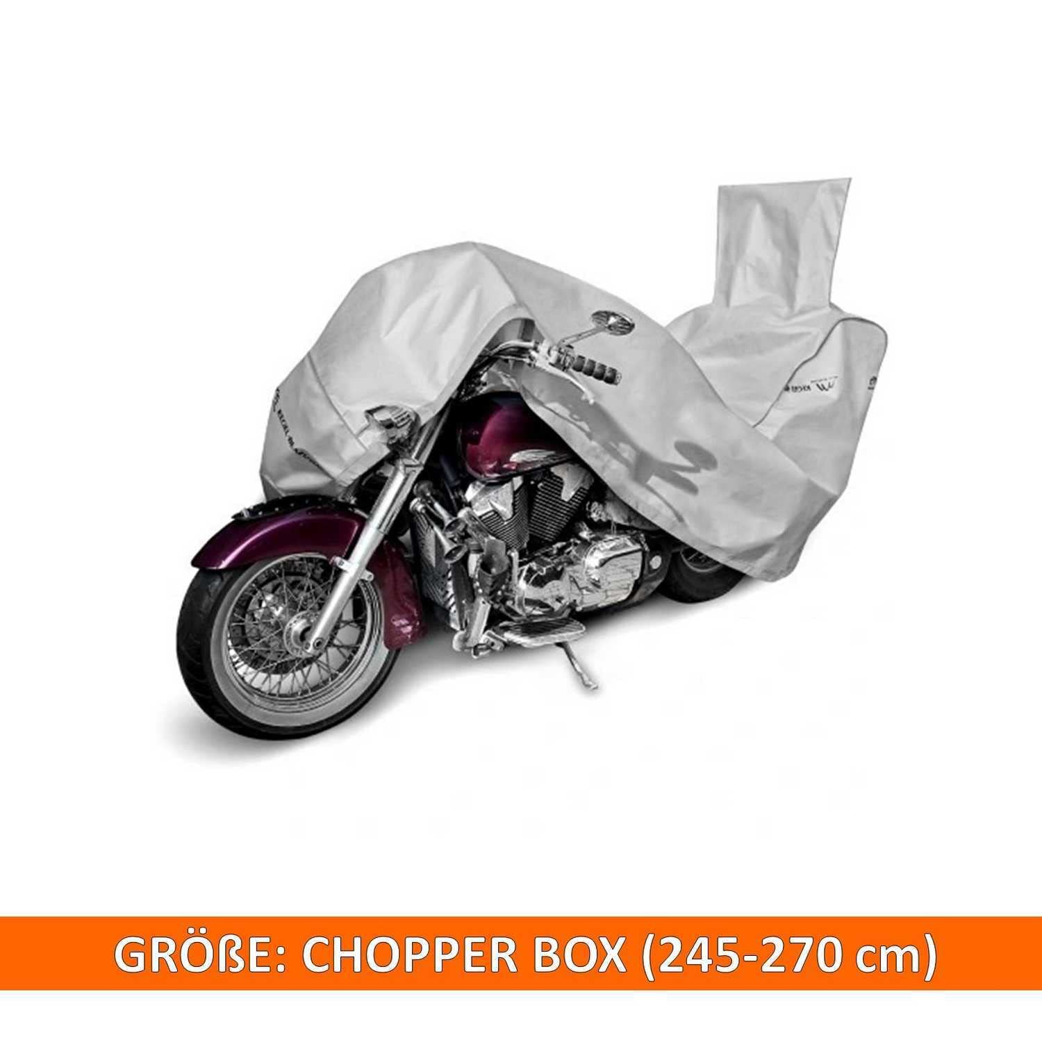 Motorrad Abdeckplane Motorradabdeckung Motorradgarage Chopper mit Box 245-270 cm Grau Wasserfest & Extrastark Outdoor Abdeckplane gegen Regen Schnee Wind UV-Strahlung Laub und Anderen Schmutz