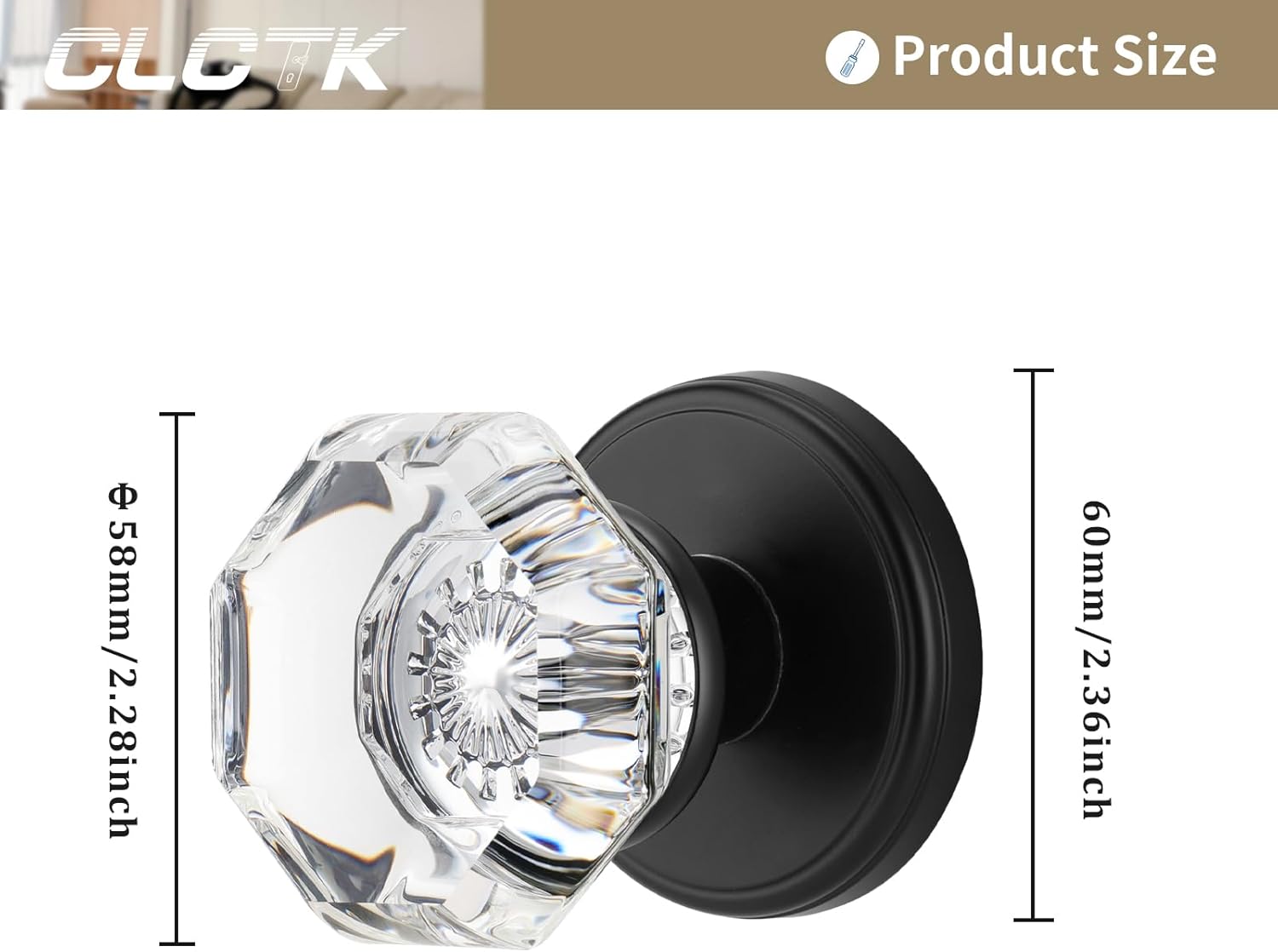 Dummy Glass Crystal Door Knobs, Matte Black Round Dummy Door Handles for Hall Closet Bifold Octagon, 4 Pack