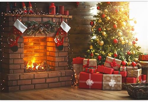 Laeacco Telón de fondo de vinilo de 7 x 5 pies para fotografía interior de Navidad, árbol mágico brillante, chimenea, regalos de decoración de