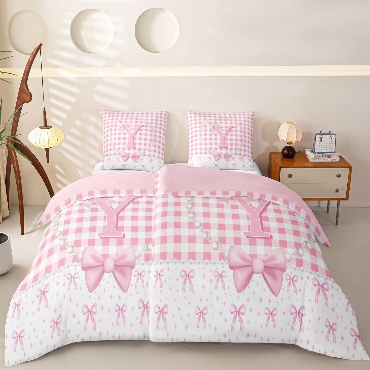 Homewish Rosa Monogramm Schleife Bettbezug 155x220cm 4teilig