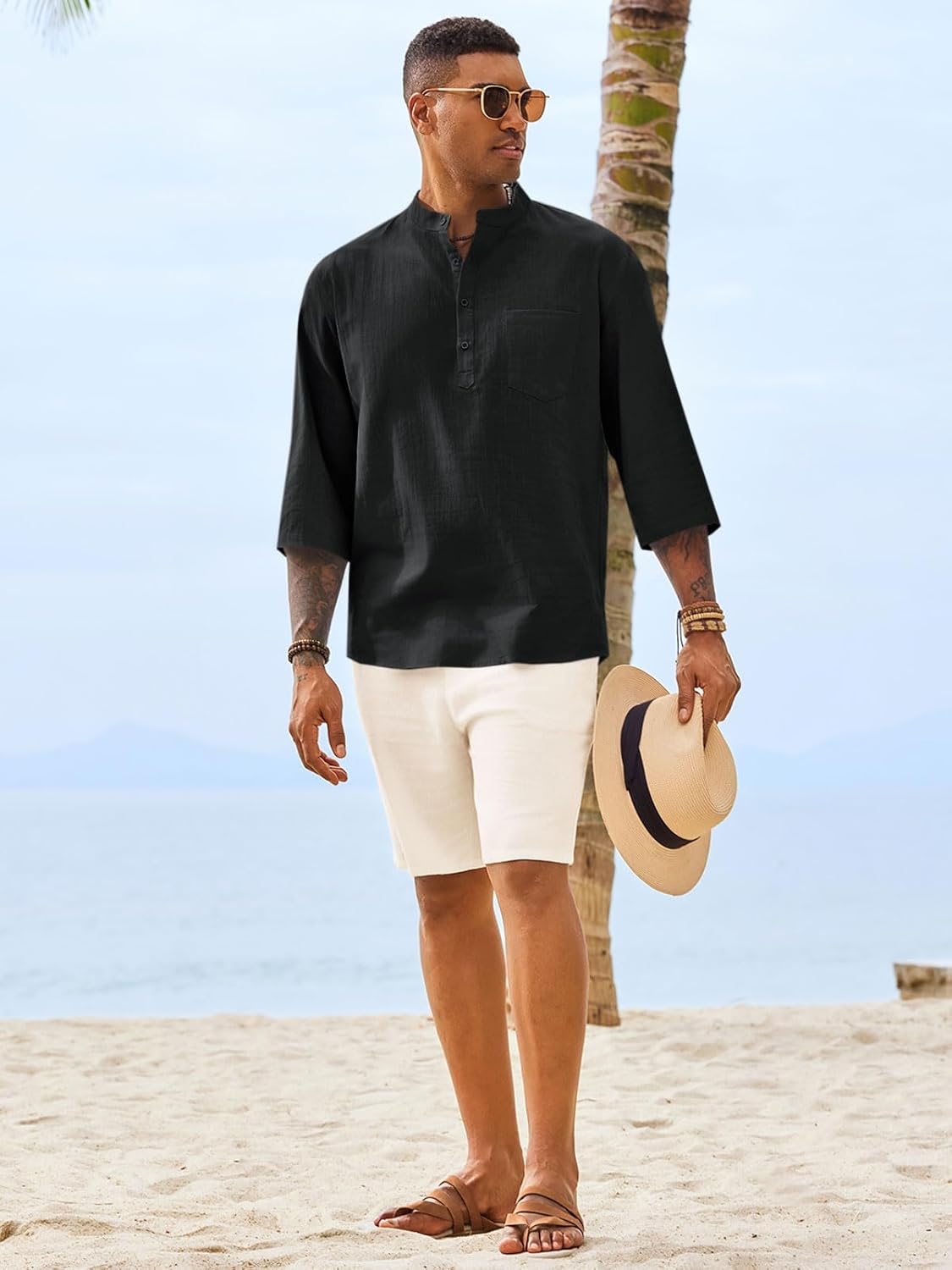 Runcati Mens Casual Henley Shirts 3/4 Sleeve Band Collar Cotton Linen Shirt Summer Beach Hippie T-Shirts with Pocket - Image 5