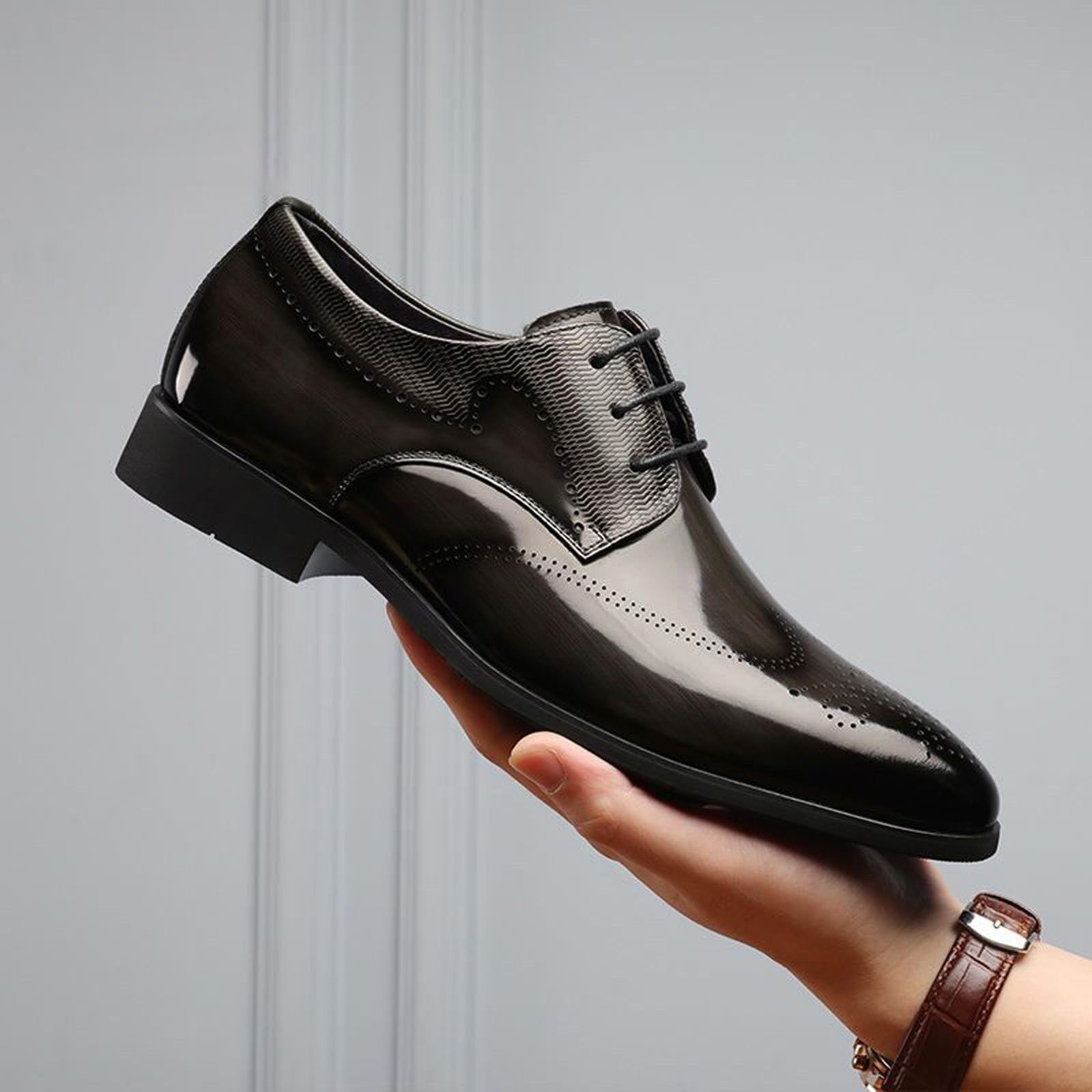 Męskie buty z brogsem eleganckie formalne sznurowane oksfordy sztuczna skóra biuro obuwie ślubne, szary, 39.5 EU