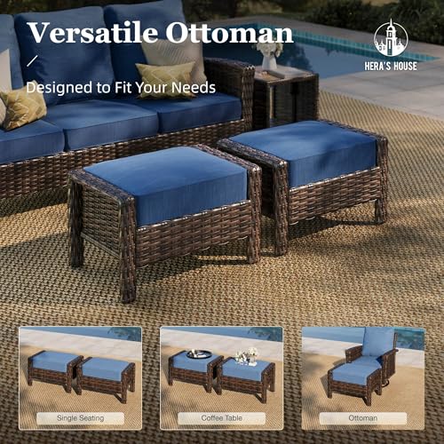 Image of HERA'S HOUSE Patio Furniture Set, 5 Pieces Outdoor Seating Set, 35 inch High Back Swivel Chairs with 5.5 inch Thick Cushions, Brown Wicker Conversation Set with Ottomans for Deck Lawn Yard, Peacock Blue