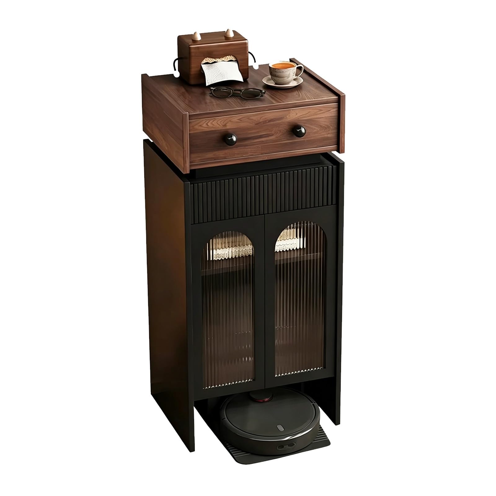 Robot Vacuum Stand Cabinet with Doors and Drawers,Retro Sofa Side End Table
