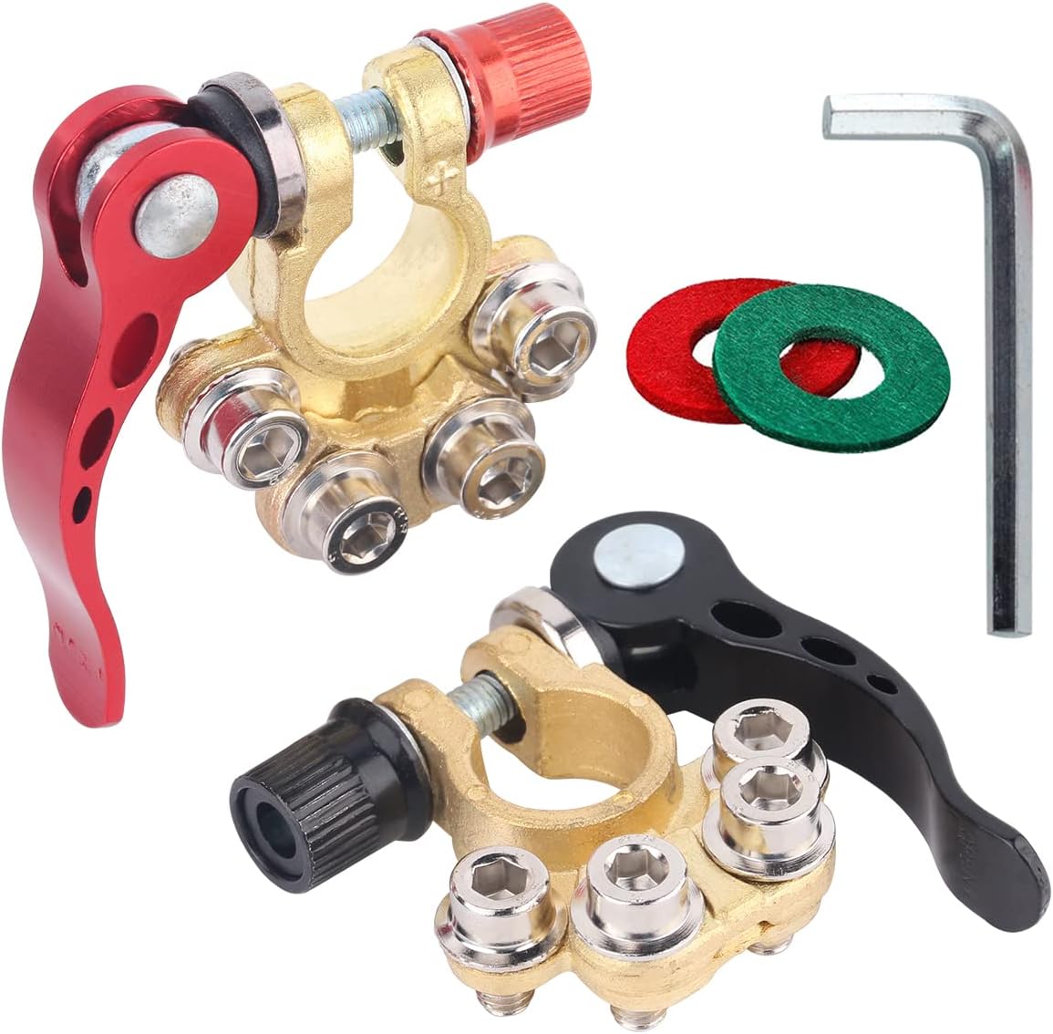 Battery Terminal Connectors, 2PCS Quick Release, SAE/JIS Type A Posts, 4 Way Positive Negative, 10 AWG, Gold Aluminum, 12V DC