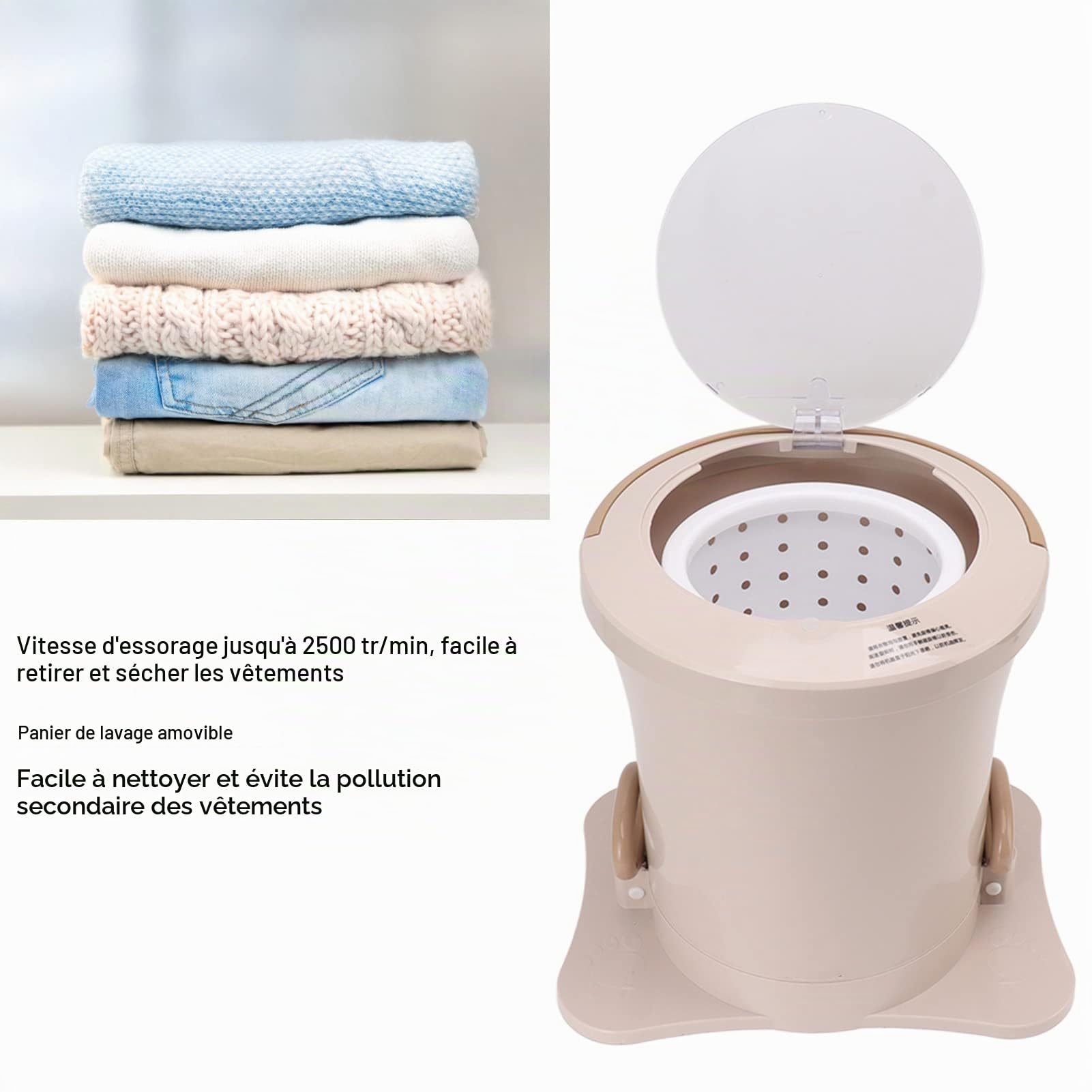 Focket Sèche Linge Compact, Sèche Linge Manuel Non électrique 2500 TR/Min avec Panier Amovible, Sèche Linge Portable pour Camping, Appartements, Camping Car, école, Dortoir, Mini Sèche (Abricot)