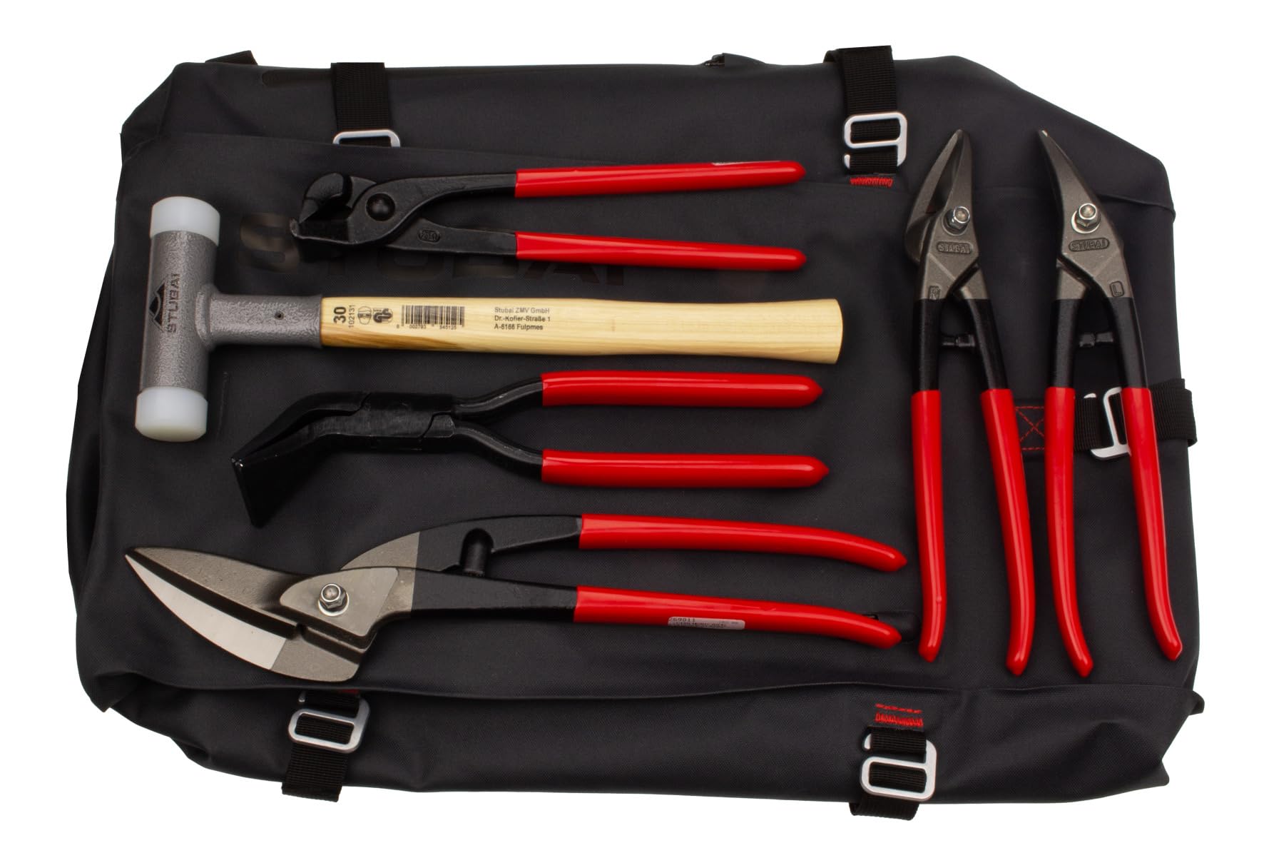 STUBAI - Sac à dos Spengler/plombier en 7 pièces avec cisaille traversante, cisaille à tôle, pince pliante, marteau de protection et sac de messenger pour travaux professionnels de toiture, de montage