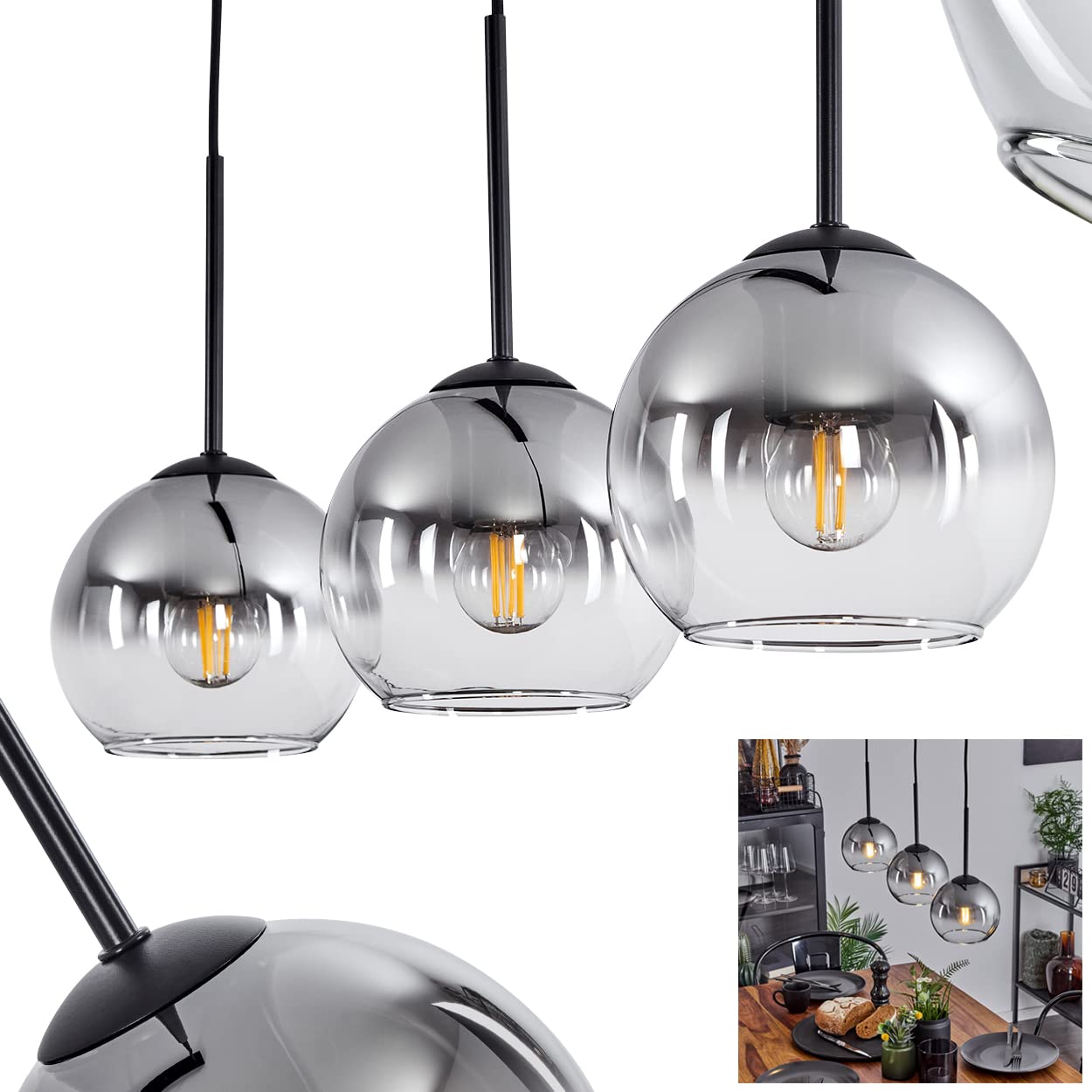 Hofstein Black Koyoto Hanging Lamp, Hanging Lamp Made Of Metal/Glass In /Smoke/Clear, 3-Flame Lamp In Vintage/Retro Design With Glass Lampshades (Ø 15 Cm), Max. Height 147.5 Cm, 3 X E27, Bulbs Not Included