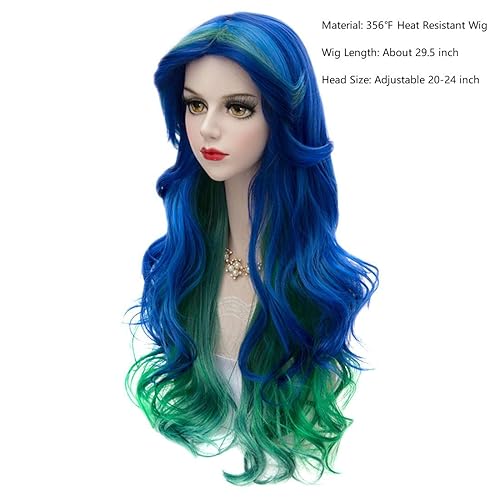 Miniatura 2 de MQ Peluca de mujer azul pavo real verde, pelucas largas rizadas onduladas para niña de 29.5 pulgadas, peluca colorida para cosplay, disfraz de