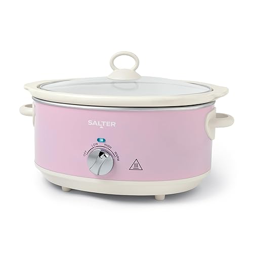 Salter Retro Pink 6.5L Slow Cooker – Electric Ceramic Cooking Pot, 3 Heat Settings & Keep Warm, Dishwasher Safe, Tempered Glass Lid, Cool Touch Handles, Stews, Casserole, Curries, Vintage Design, 200W - Pink - 6.5L Slow Cooker