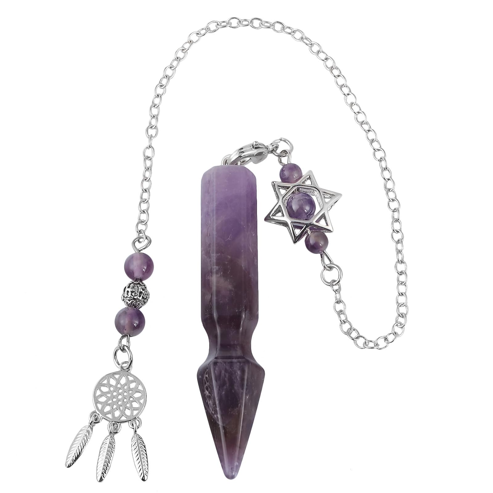 Nupuyai Amethyst Crystal Stone Point Dowsing Pendulum for Divination Scrying Arrow Shape Healing Stone Pendulum with Merkaba Star Dream Catcher Chain
