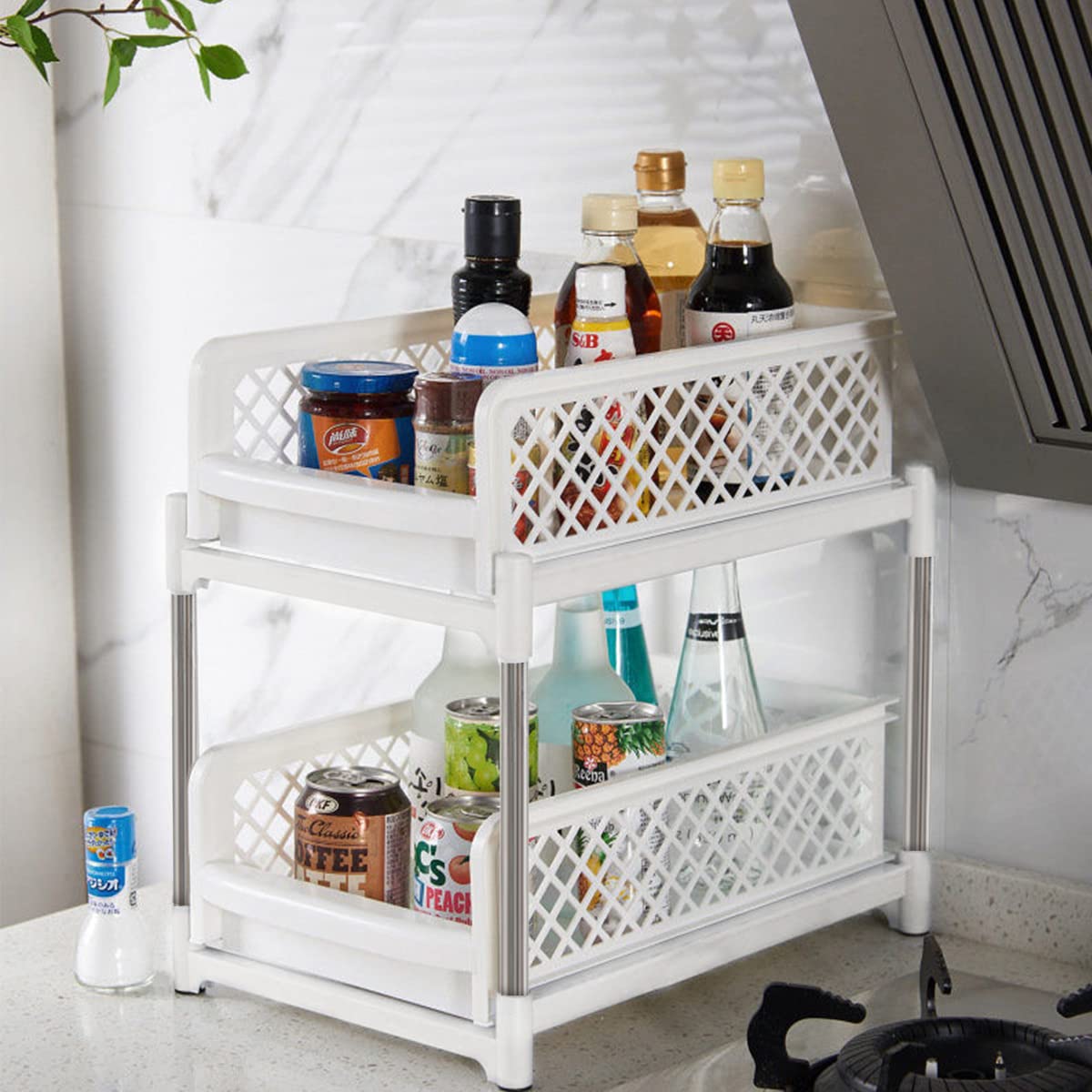 Large Under Sink Organizers (L26.7×W37.2×H37cm), Stainless Steel Tube 2 Tier Sliding Shelves for Kitchen Bathroom Countertop, Under Cabinet Organizers with Pull Out Drawers White