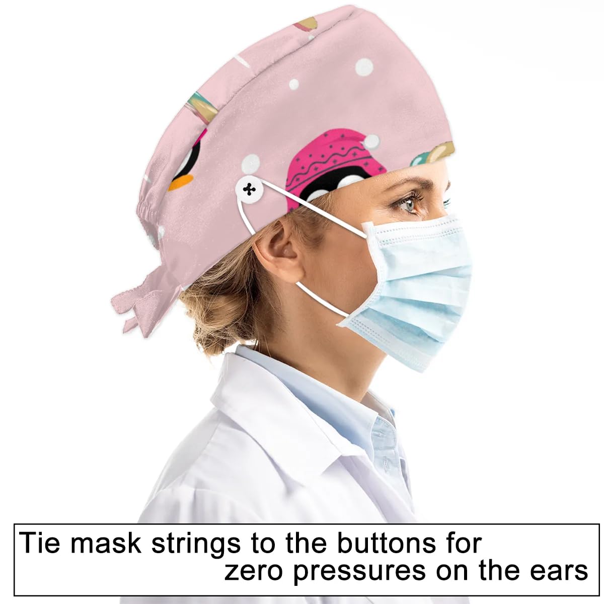 Mularoka Watercolor Polka Dot Penguin Balloon Working Caps with Button Sweatband Comfortable Adjustable Bouffant Hats Work Hat for Women Men