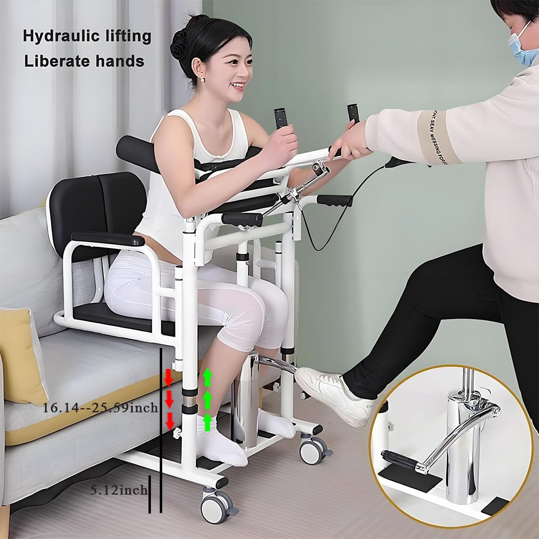 Sollevatore Idraulico per Pazienti con Supporto per Il Sollevamento Parte Superiore del Corpo, Sedia a Rotelle per Trasferimento, Sedia Comoda da Comodino, Sedia a Rotelle per Bagno Black