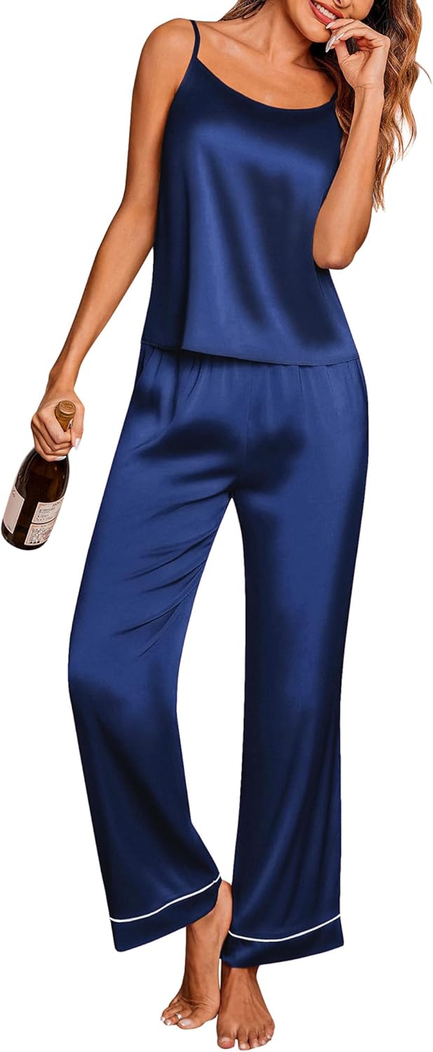 Ekouaer Women Silk Satin Pajamas Sleeveless Pjs Set 2 Piece Summer Loungewear Sleepwear with Pockets S-XXL