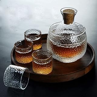 Japanese Hammered Glass Sake Set, 7-Piece Hand-Blown Heat-Resistant Wine Set With Flask, Wine Warmer, And Walnut Tray
