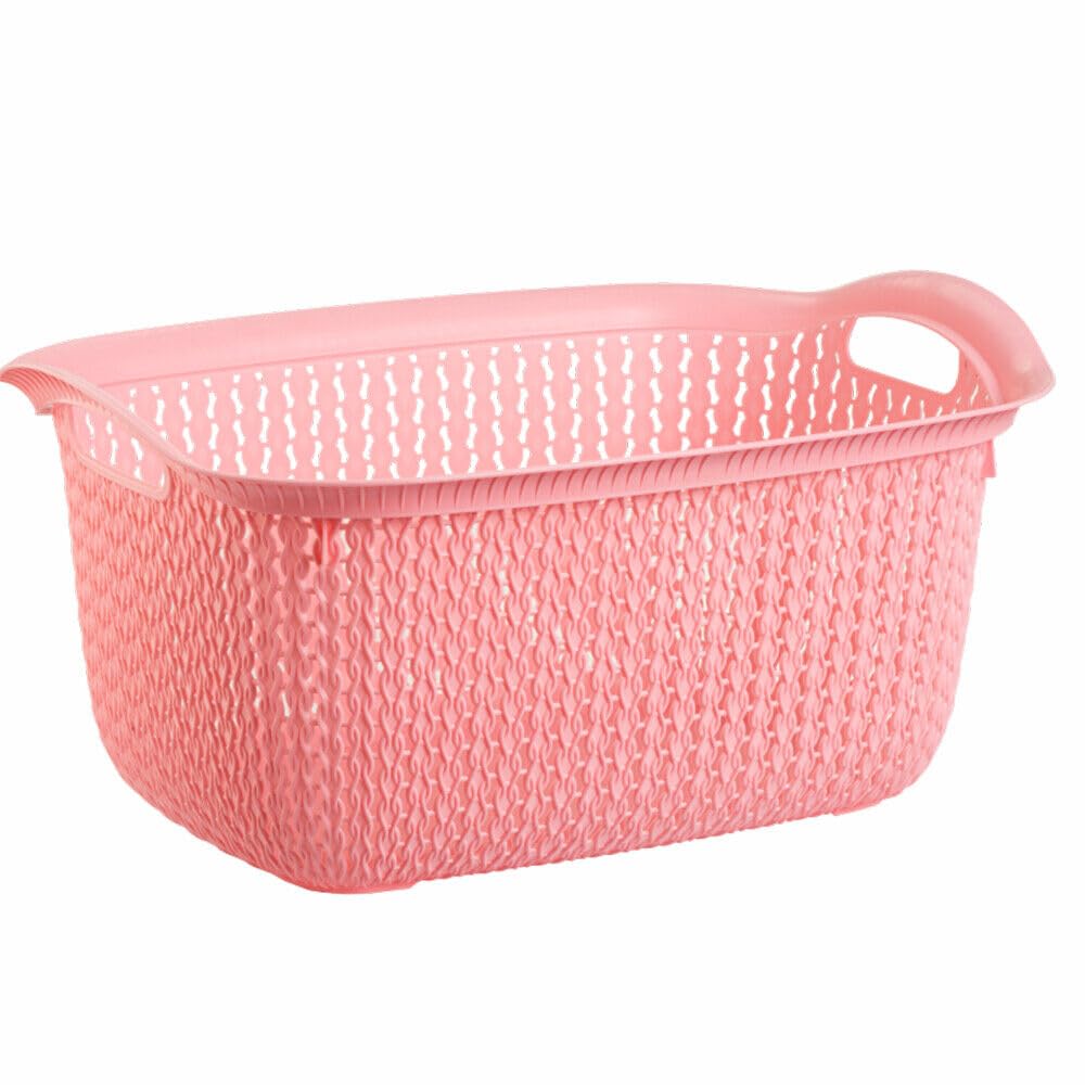 Plastic Laundry Basket Clothes Washing Bin Storage Knitted Hamper Organiser (Pink, Rectangular)