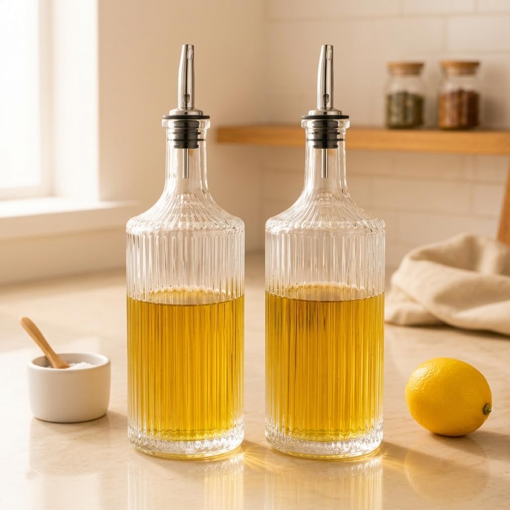 Deconox 2'li Pure Model Şeffaf Cam Yağdanlık Seti - Optikli (Çizgili) Tasarım, Paslanmaz Akıtmaz Uçlu Yağ ve Sirke Şişesi (750 ml x 2 Adet)
