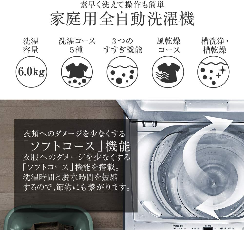 Amazon | 洗濯機 6kg 全自動洗濯機 一人暮らし 風乾燥 槽洗浄 凍結防止