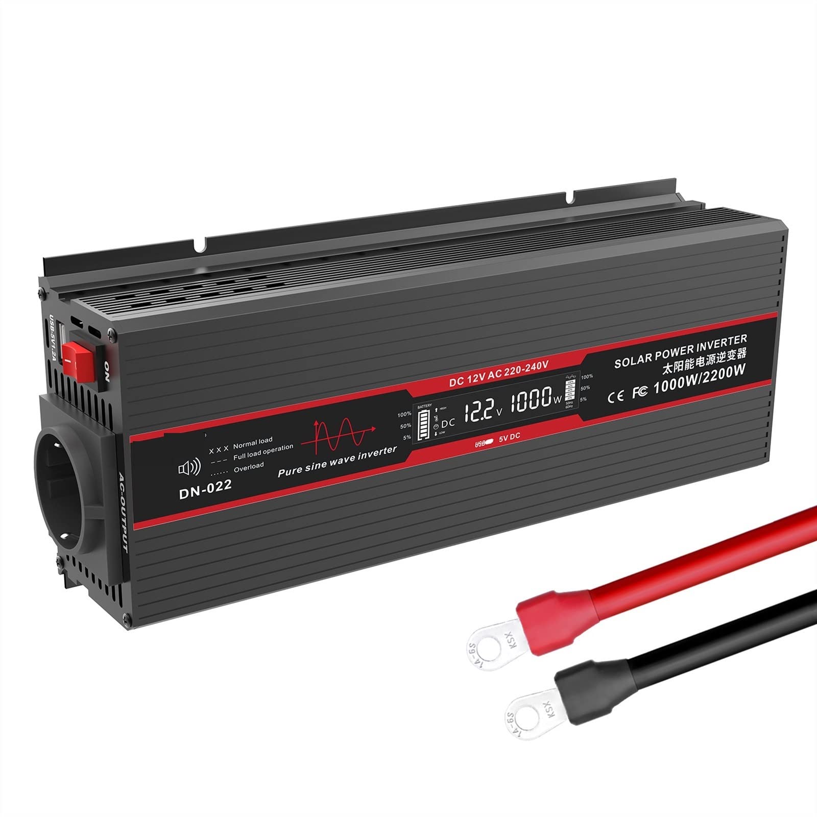 CUDTAPI Pure Sine Wave Inverter 2200W DC 12V to AC 220 230 Power Inverter Continuous Power 1000W Solar Inverter With USB(Inverter Black)