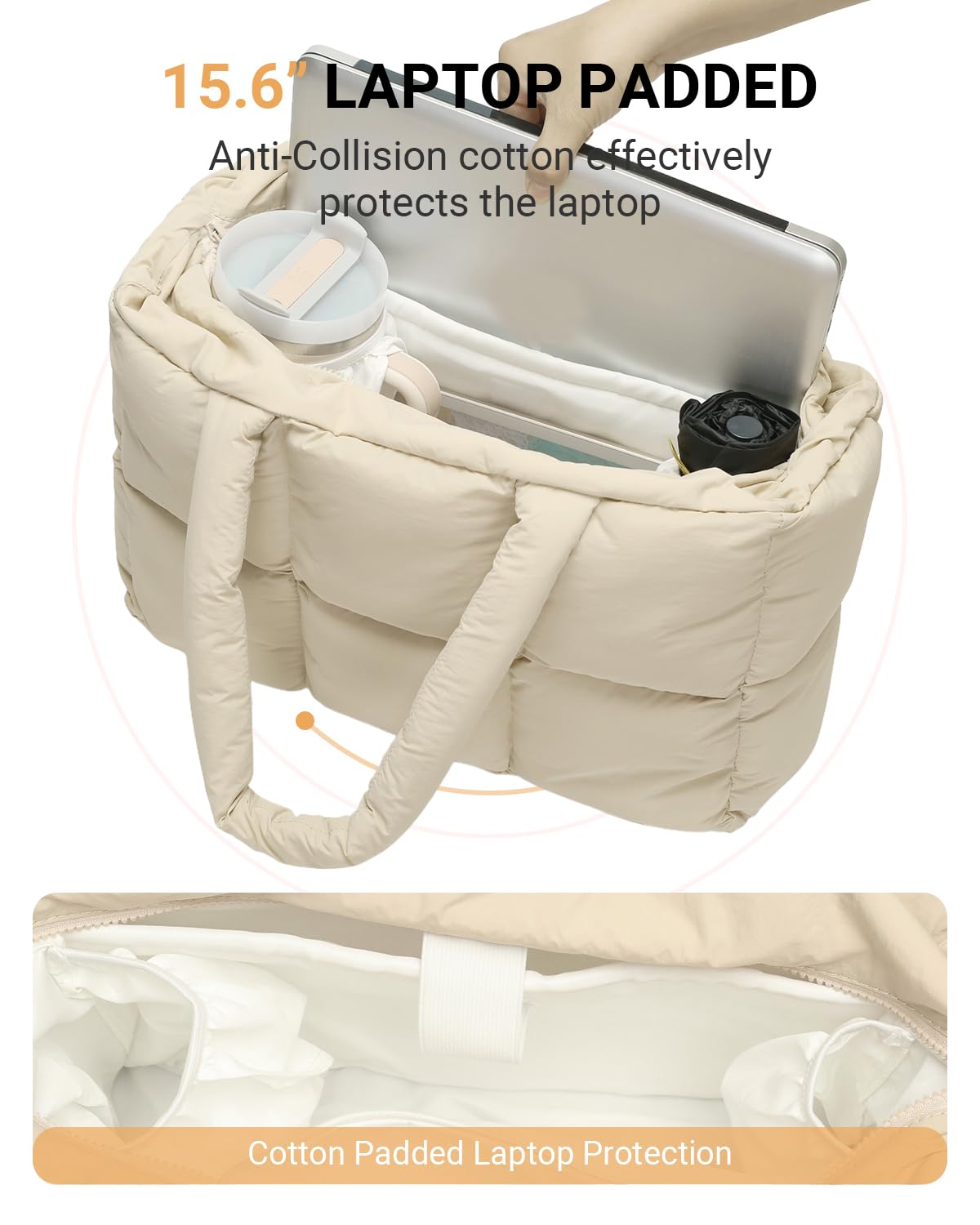 Herald Puffer Tote Bag for Women, Large Quilted Puffy Handbag Lightweight Satchel Purse with Cup Holder & Compartment: Khaki