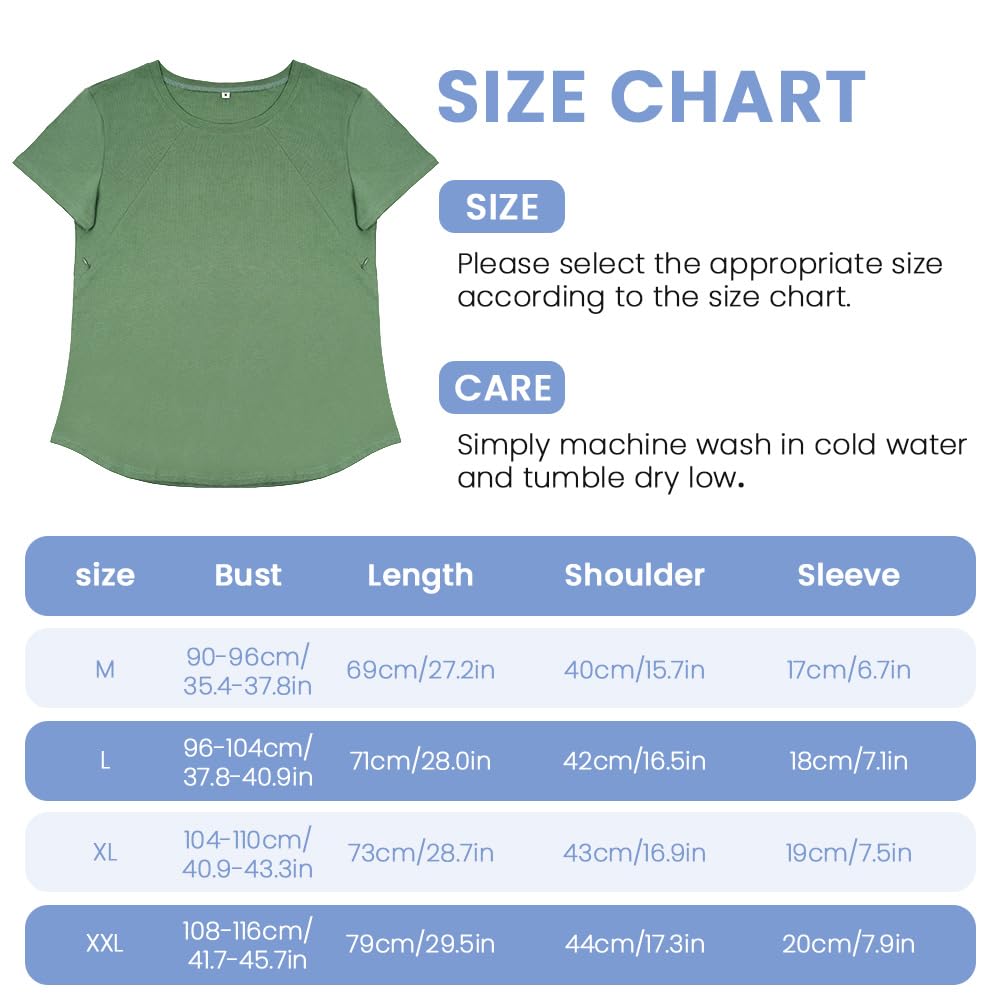 Aolso Camiseta de Maternidad para Mujer, Tops de Verano Superior de Nusring para Amamantar, Manga Corta, Cremallera Oculta, Algodón de Maternidad, Verde-XXL