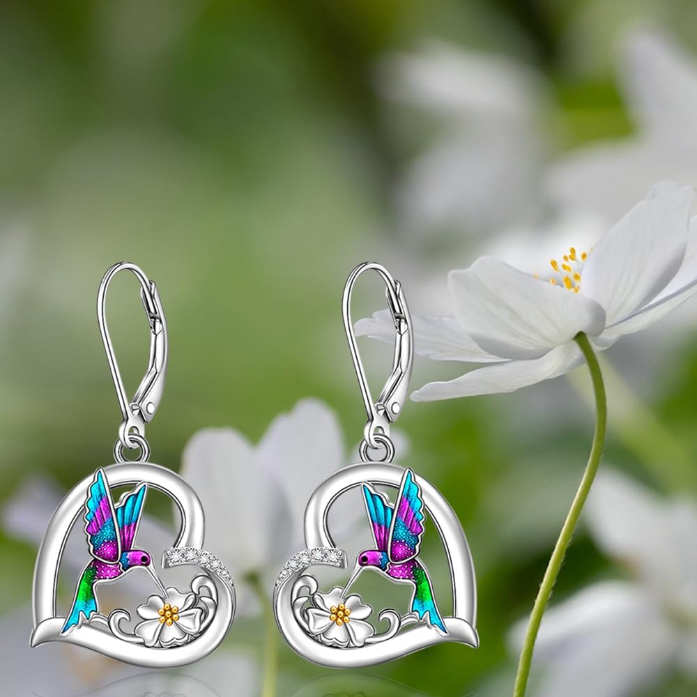 Hummingbird Earrings for Women Sterling Silver Purple Hummingbird Dangle Heart Flower Cute Bird Jewelry Filigree Memorial Mothers Day Healing Gifts - Image 9