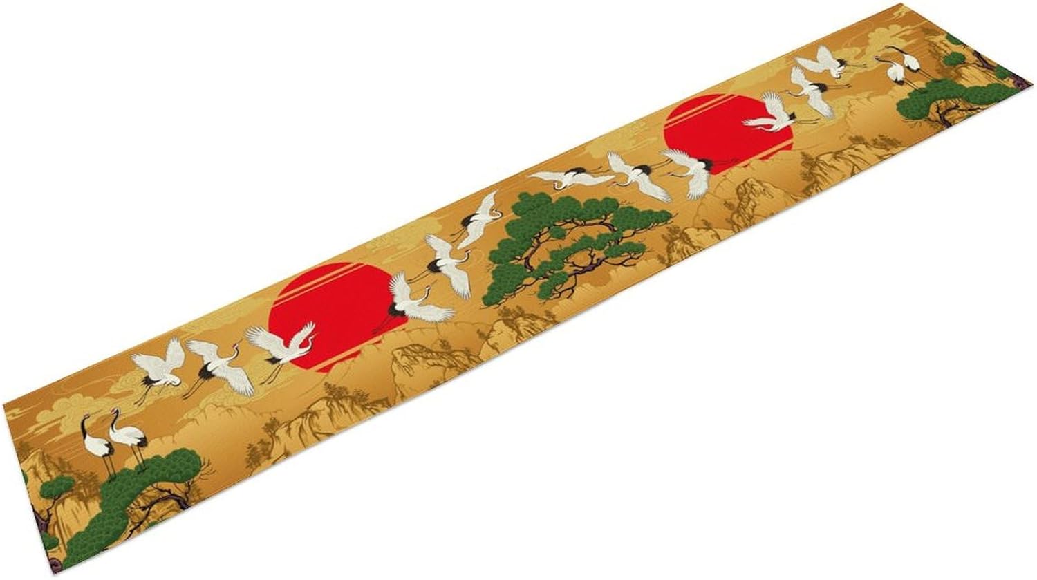 Japanese Table Runner, Retro Traditional Vintage Crane Clouds Asian Oriental Sunset Mountain Plants Nature Print Table Runner for Home Party Kitchen Dining Table Wedding Party Decor 13"x108"
