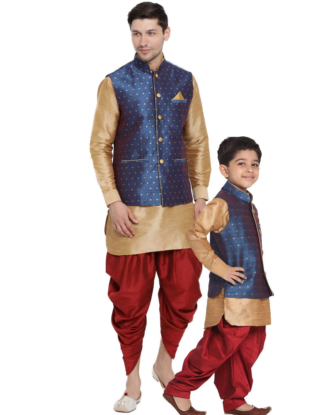 VASTRAMAYBaap Beta Deep Blue Ethnic Jacket Kurta and Dhoti Pant Set (Man-36 Size/Boy-6-12 Months)