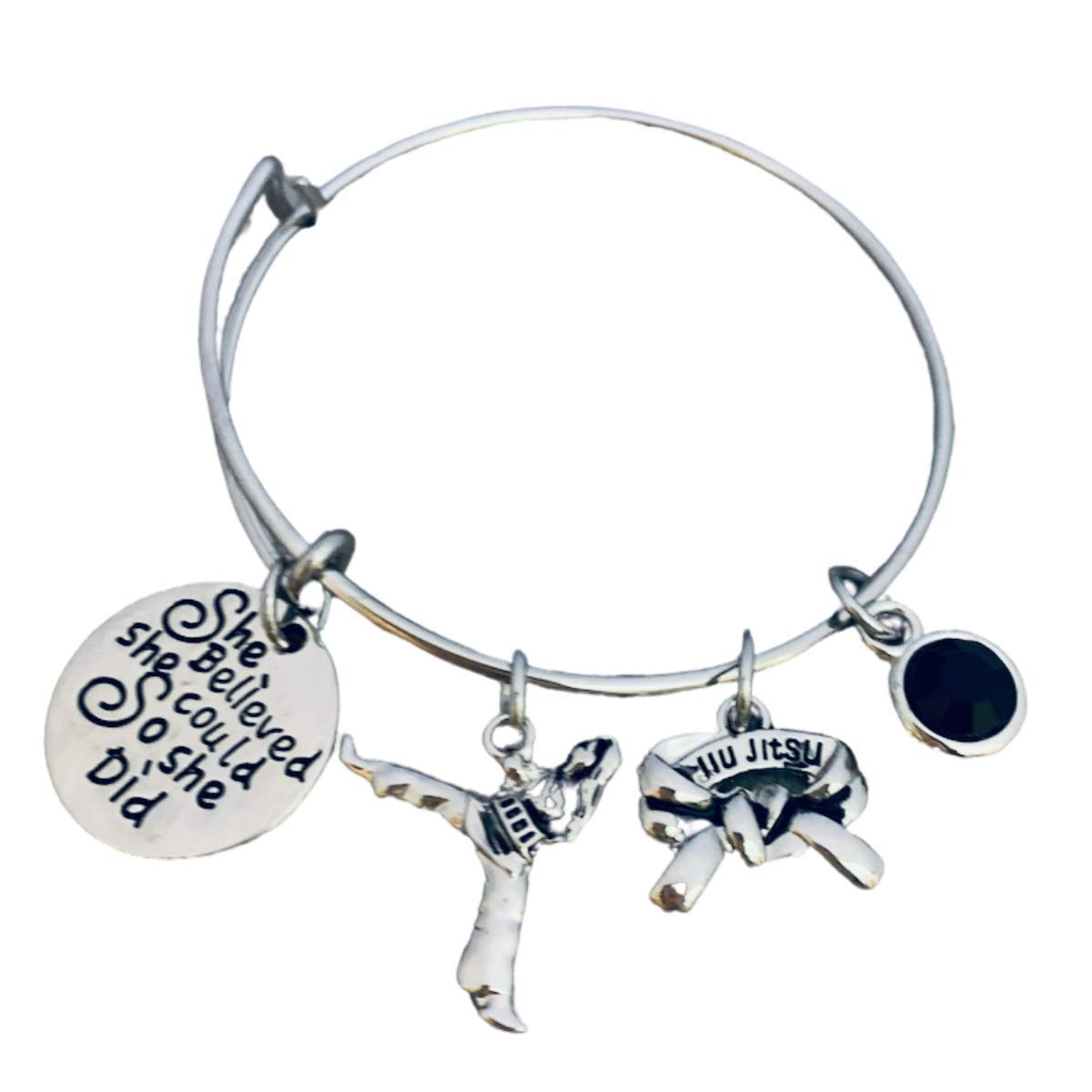 Sportybella Jiu Jitsu Charm Bracelet - She Believed She Could Martial Arts Black Belt Charm Bracelet, Jiu Jitsu Gift for Women, Teens and Girls, OSFA, Metal