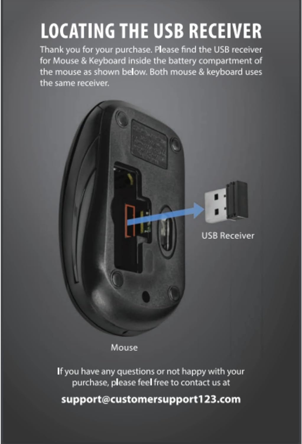 A wireless mouse with its battery compartment open, showing the USB receiver stored inside.