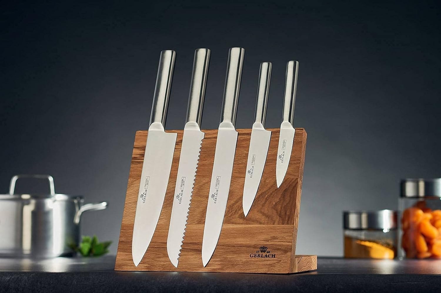 Gerlach AMBIENTE Magnetic Solid Oak Wood Board Holder Stand 6pcs Kitchen Knives Set - Premium Quality