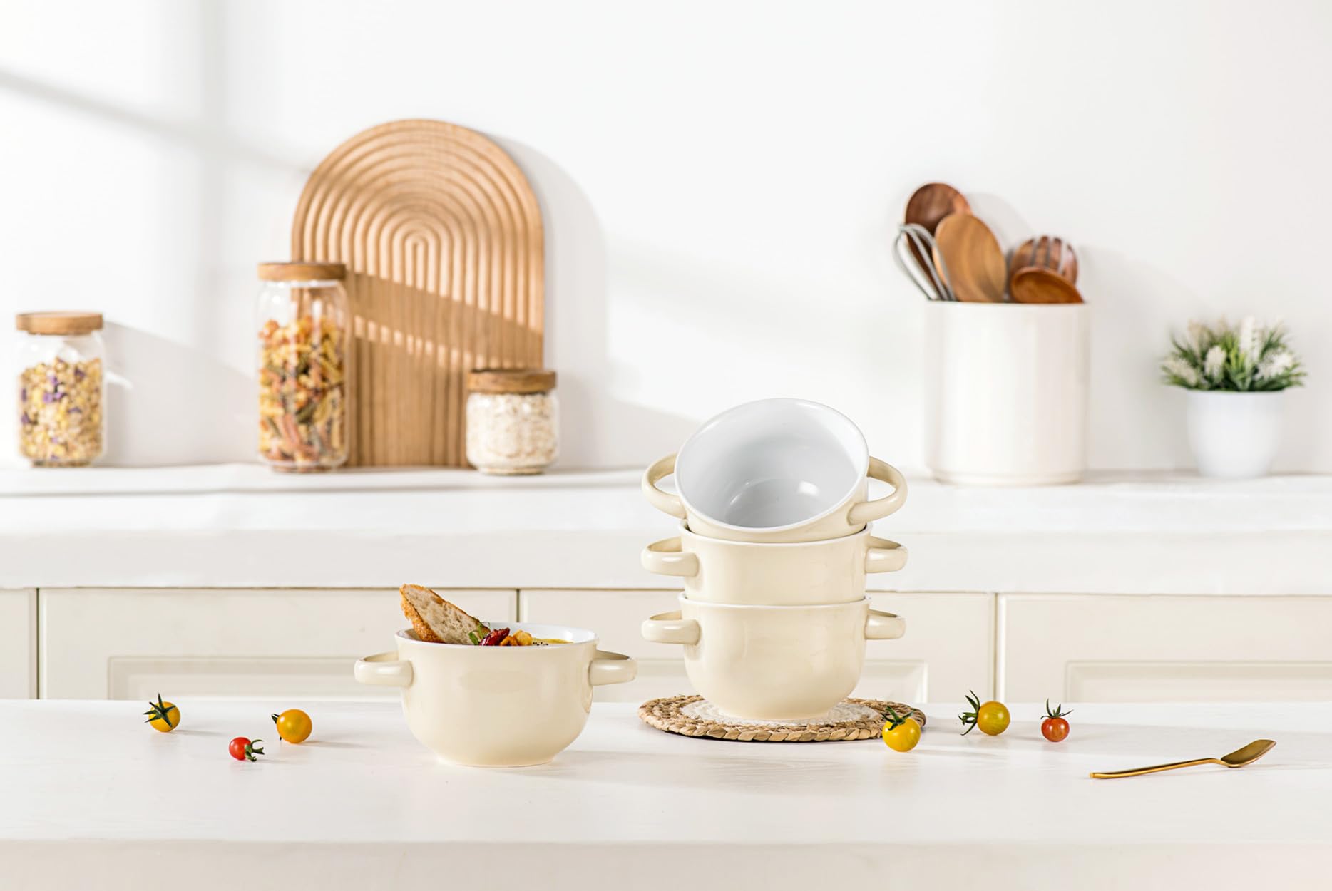 UNICASA Ciotole per Zuppa con Manici, Ciotoles di Cipolla in Ceramica per Cereali, Pasta, Set di Ciotole, Forno, Microonde, Lavabili in Lavastoviglie, Set di 4