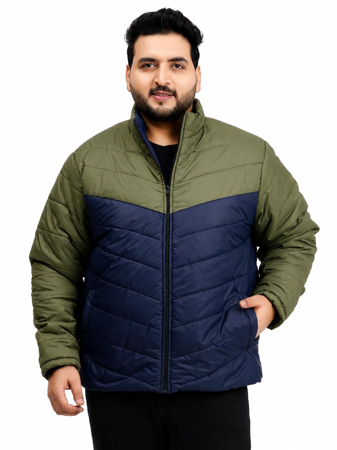BeyondPlus Men's Plus Size Colour Block Puffer Jacket Olive Navy-image-49