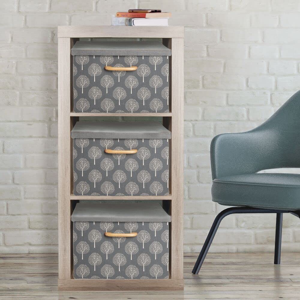 mDesign 2er-Set Aufbewahrungsbox – weich strukturierte Stapelbox mit Deckel und Holzgriff – stabile Faltbox mit Baummotiv aus Polyester für Bad, Schlafzimmer oder Kinderzimmer – grau