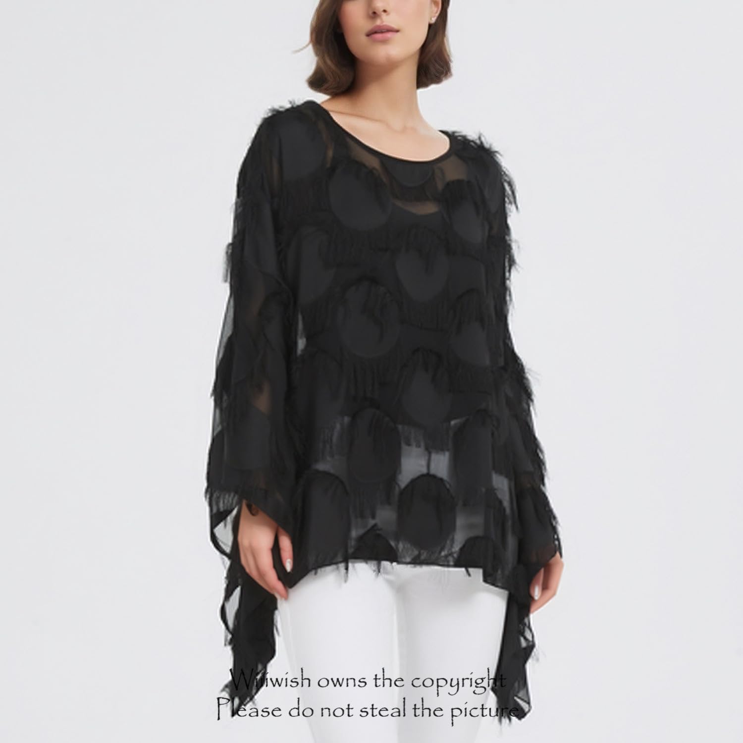 Wiiiwish Women's Loose Solid Long Batwing Sheer Chiffon Caftan Wrap Poncho Tunic Top Topper - Image 3