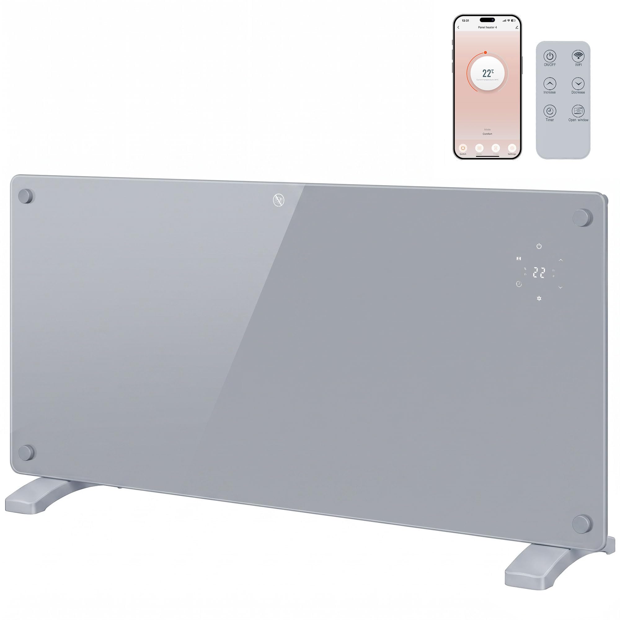 HOMCOM 2000W Smart Glass Panel Heater Wall Mounted & Freestanding, Grey