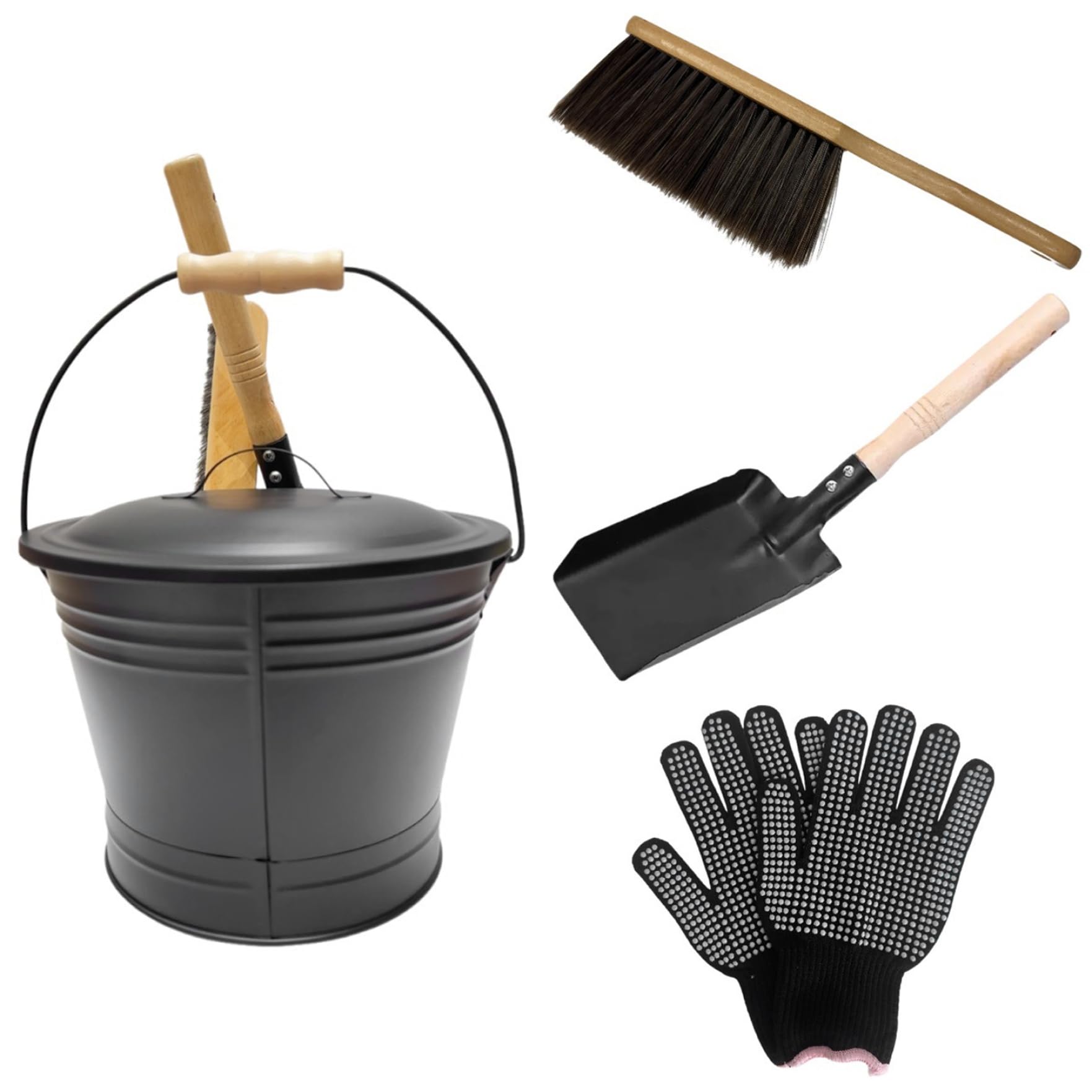Cakeeyum Black Fireplace Ash Bucket 4Pcs/Set Metal Ash Bucket With Lid, Shovel, Broom And Gloves For Fire Pits, Hearth, Wood Stoves With Lid And Shovel, With, Fireplace, Coa
