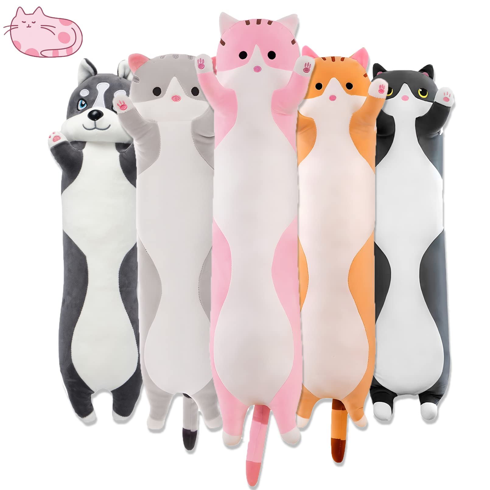 Long Cat Plush Pillow, 19.6in Cute Pink Cat Plushie Stuffed Animals Body Pillow, Kawaii Kitten Soft Plushie Doll Toy Birthday Gift for Kids Girlfriend