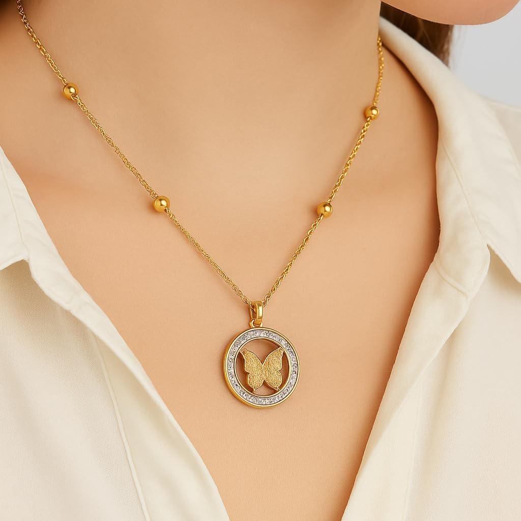Gold Plated Stainless Steel Butterfly Pendant Necklace for Women – Anti-Tarnish Beaded Chain Fashion Jewelry Gift - Image 7