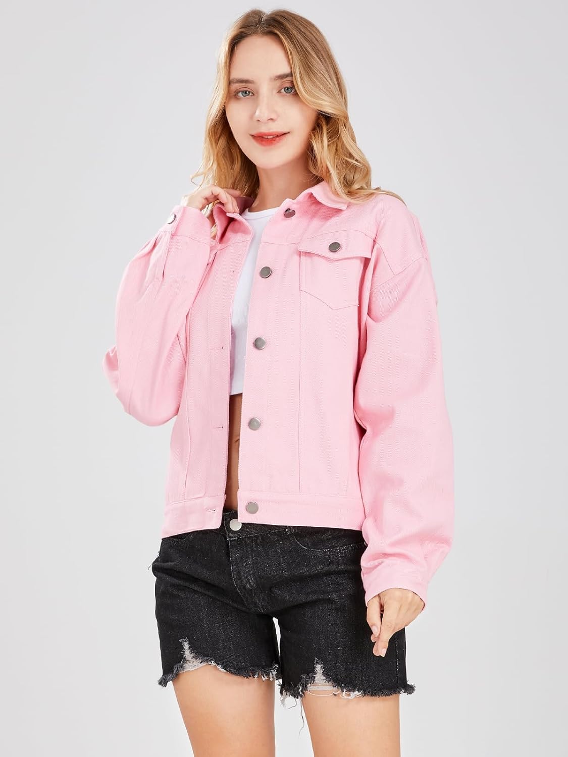 ebossy Women's Candy Color Denim Jacket Relaxed Fit Casual Jean Trucker Jacket